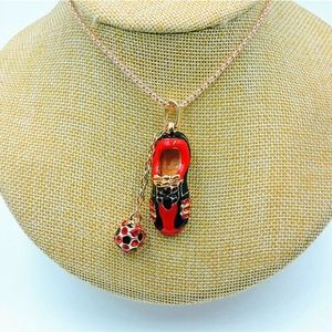Soccer shoes and soccer ball necklace, red with rh
